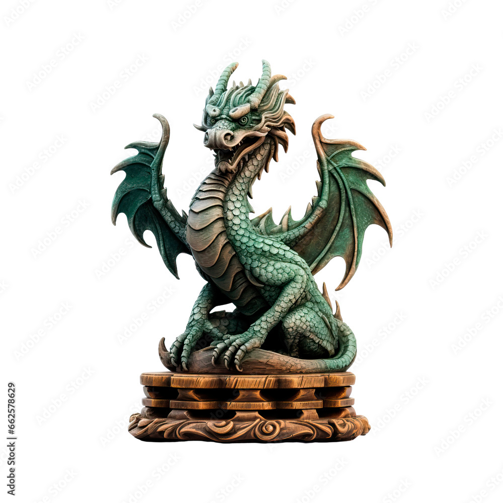 Fototapeta premium Green dragon figurine on a wooden stand. Isolated on transparent background.
