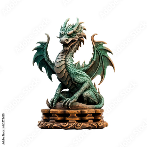 Green dragon figurine on a wooden stand. Isolated on transparent background.