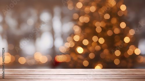 Empty wooden desk with blurred Christmas tree and bokeh light background. Relax on Christmas holiday and New Year s Eve. Winter Christmas product display  Banner  Digital greeting Card.