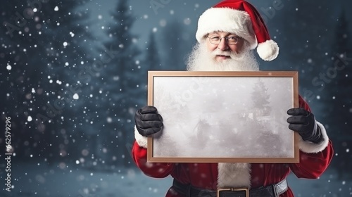 Man in costume of santa claus with blank board over city street at night. Christmas and New Year concept. Banner copy space, ai generative.