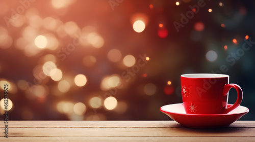 Red cup of hot drinks on wooden table with blurred light bokeh on background with copy space. Warm and relax on vacation. Christmas holiday background. New Year s Eve.