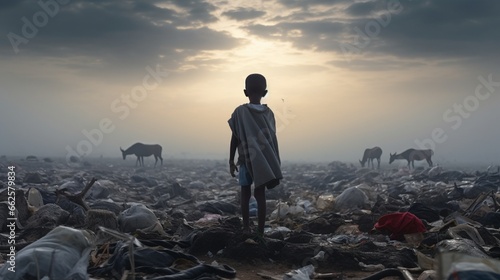 Lonely African boy standing in a landfill with a black plastic bag on his shoulder looking for reusable material, surrounded by hungry garbage grazing donkeys. full ultra HD, High resolution photo
