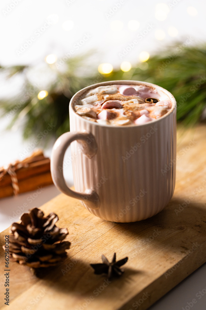 Vertical image of mug of chocolate and marshmallows and christmas decorations with copy space Vertical image of mug of chocolate and marshmallows and christmas decorations with copy space