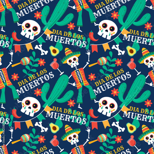 Dia de Muertos Seamless Pattern Illustration. Translation : Day of the Dead. Skeleton Element in Mexican Design