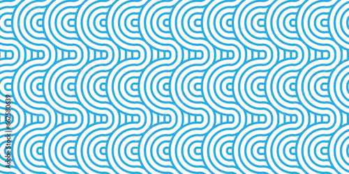 Seamless geometric ocean spiral pattern and abstract circle wave lines. blue seamless tile stripe geomatics overlapping create retro square line backdrop pattern background. Overlapping Pattern.