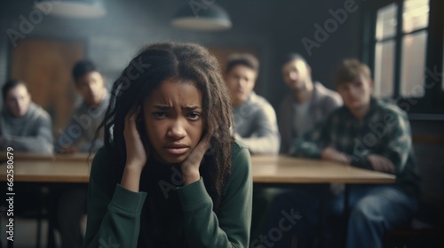 Lonely sad african-american schoolgirl crying while all her classmates ignoring her. Social exclusion problem. Bullying at school concept. Racism problem © Muqeet 
