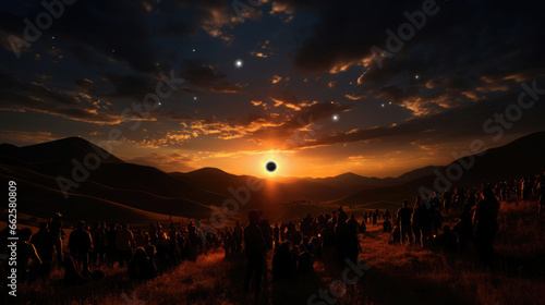 Solar eclipse. People gathered together and observed this natural phenomenon.