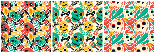 Set of Dia de Muertos Seamless Pattern Illustration. Translation : Day of the Dead. Skeleton Element in Mexican Design