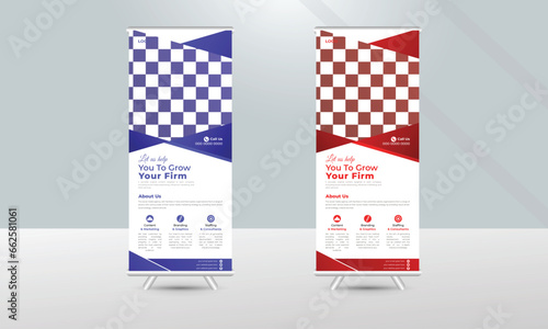 Roll up banner with blue and red accents.
