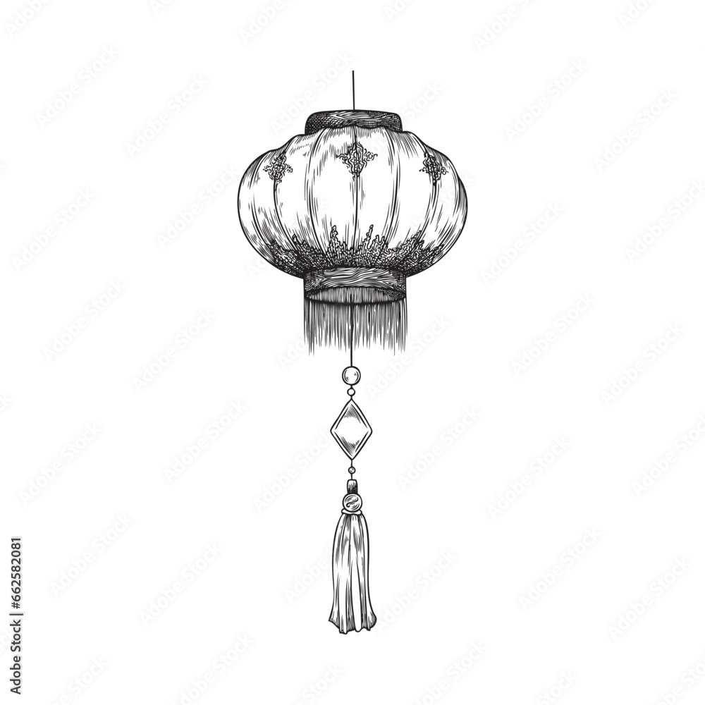 Engraved japanese lantern with decorative elements tassel, vector hand drawn traditional Asian New Year paper decoration