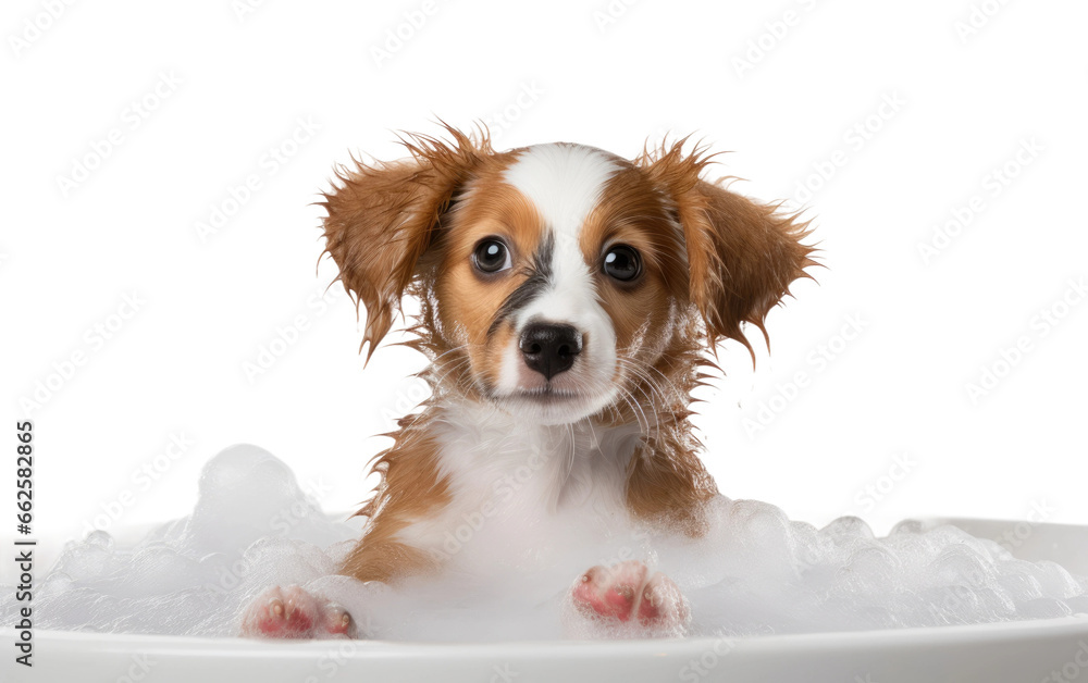 A Cute Dog Puppy Bathing by Shampoo Isolated on Transparent Background PNG. - obrazy, fototapety, plakaty 