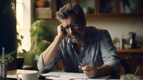 Mature man sitting at home, stressed and confused by calculate expense from invoice or bill, have no money to pay, mortgage or loan. Debt, bankruptcy or bankrupt concept full ultra HD, High resolution photo