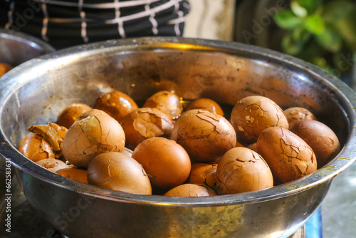 Closeup of Authentic Braised Tea Eggs on the food street in Ho Chi Minh City