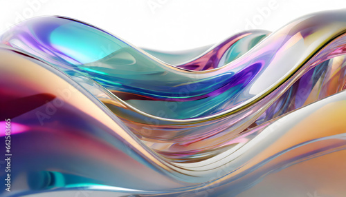 abstract background colorful transparent glossy glass liquid flowing. Holographic curved wave in motion. Iridescent design element for banner background, wallpaper