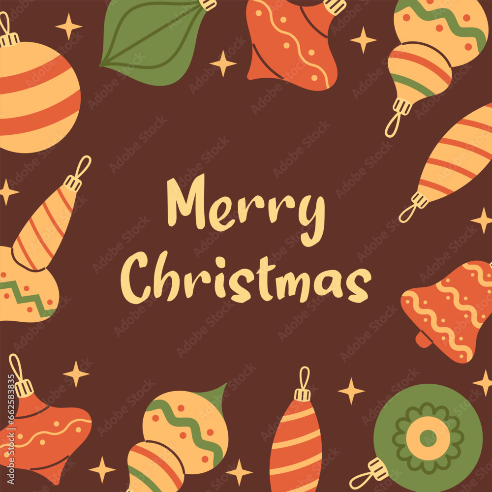 Vector Merry Christmas postcard or greeting card design. Square template with christmas baubles, decorations and ornaments. Christmas cards, posters, holiday covers and banners. Vector Merry Christmas postcard or greeting card design. Square template with christmas baubles, decorations and ornaments. Christmas cards, posters, holiday covers and banners.