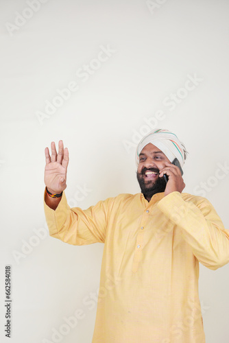 A Young villager man farmer giving expression  on white background.