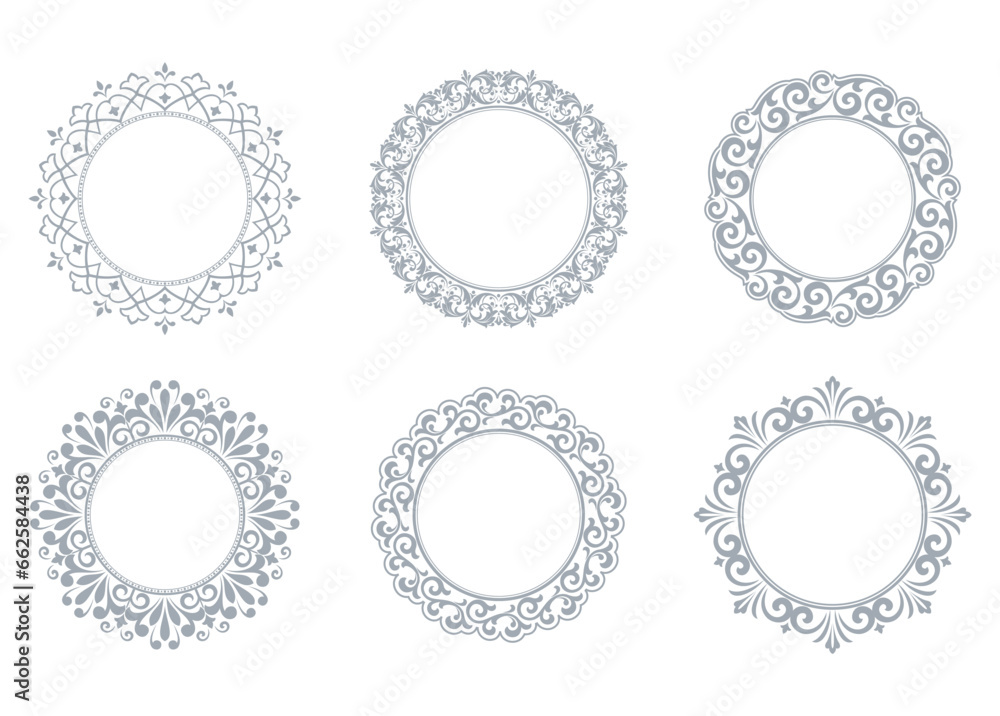 Set of decorative frames Elegant vector element for design in Eastern style, place for text. Floral gray and white borders. Lace illustration for invitations and greeting cards Set of decorative frames Elegant vector element for design in Eastern style, place for text. Floral gray and white borders. Lace illustration for invitations and greeting cards