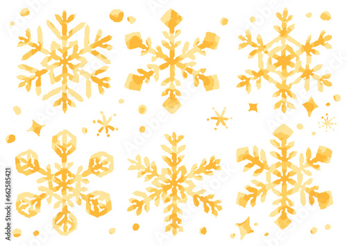 金色の雪の結晶のイラスト 手描き 水彩風