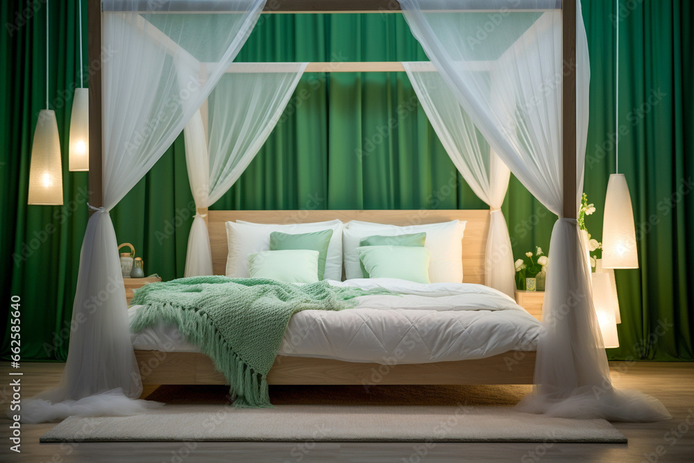 Modern bedroom with a bed, green and white color, wooden texture Modern bedroom with a bed, green and white color, wooden texture