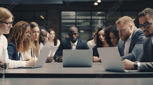 Multiracial office rivals looking at each other with hate envy sitting with laptops, corporate competitors african and caucasian employees compete in business work, team rivalry at workplace concept photo