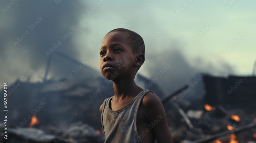 Neglected, malnourished African boy standing desolate in the midst of a smelly and smoking garbage dump; social issue of child abandon full ultra HD, High resolution Neglected, malnourished African boy standing desolate in the midst of a smelly and smoking garbage dump; social issue of child abandon full ultra HD, High resolution