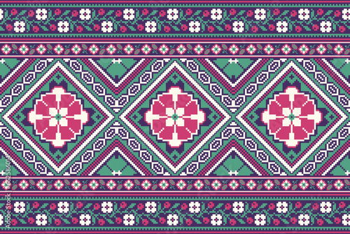 flower embroidery on purple background. ikat and cross stitch geometric seamless pattern ethnic oriental traditional. Aztec style illustration design for carpet, wallpaper, clothing, wrapping, batik.