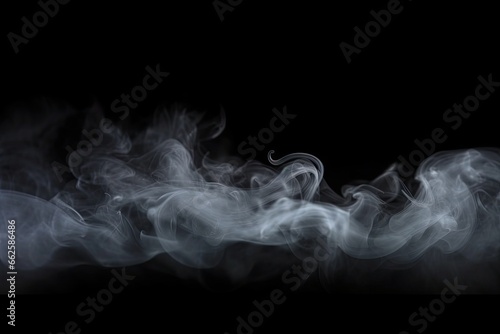 Ethereal elegance. White smoke and mist in motion. Swirling shadows. Artistry of black background. Mystical veil. Abstract fog on dark canvas