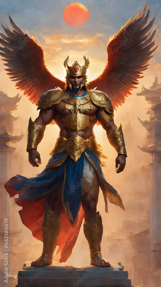 Garuda has the body of a person, the back of a bird and has wings. A deity in Indian and Buddhist mythology. Garuda has the body of a person, the back of a bird and has wings. A deity in Indian and Buddhist mythology.