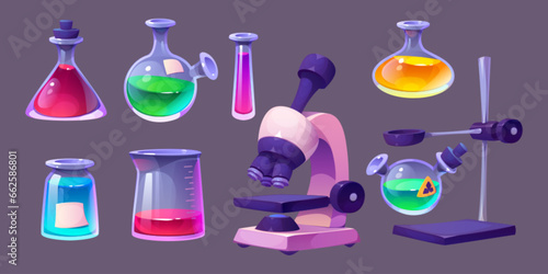 Chemical lab microscope and flasks set isolated on background. Vector cartoon illustration of laboratory glassware with color liquid substances, glass bottle, test tube holder, beaker, science assets