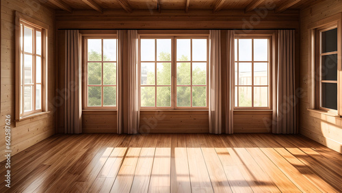 Empty wooden room with window generated by AI