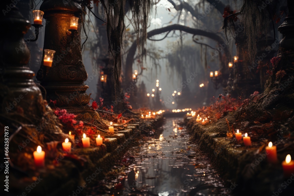Graves swathed in Spanish moss and autumn vines, with Halloween garlands and lit candles placed among them. Generative Ai Graves swathed in Spanish moss and autumn vines, with Halloween garlands and lit candles placed among them. Generative Ai