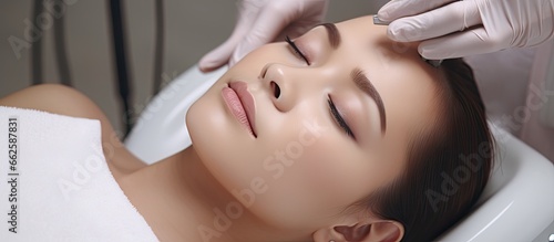 Asian woman receiving facial skin treatment in beauty salon Close up of beautician s hands performing ultrasound cavitation and anti aging procedure With copyspace for text photo