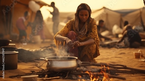 Niger - : woman cooking food in refugee camp