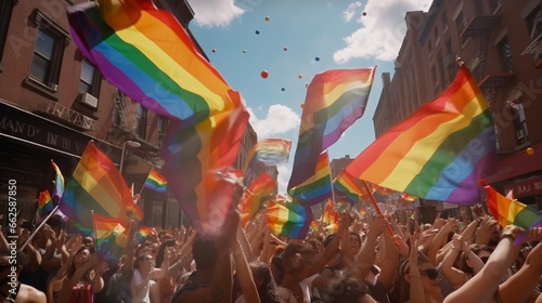 NEW YORK CITY : Participants celebrate at the annual Gay Pride Parade waving rainbow flags as they pass through Greenwich Village