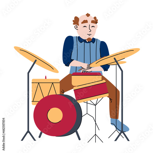 Man playing drums. Jazz musician in doodle style.