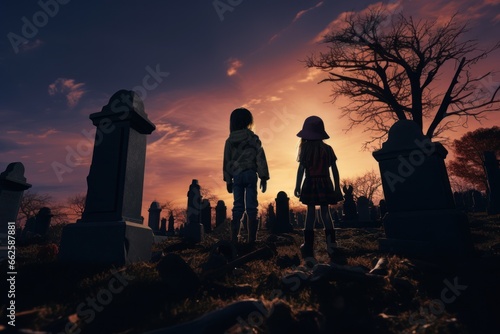 Costumed kids wandering a graveyard keeping a lookout for ghosts as the sun sets on Halloween night. Generative Ai