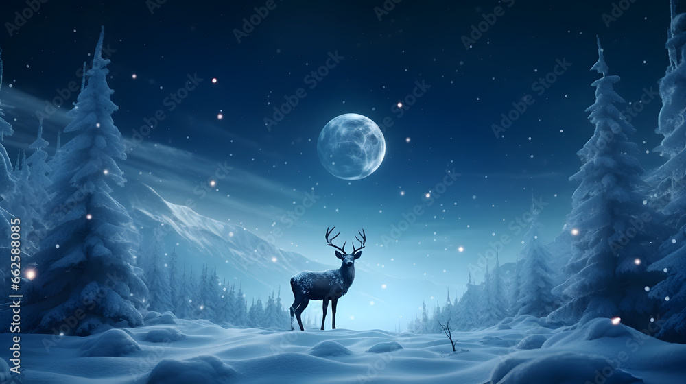A reindeer at winter night with full moon