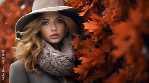 A girl in a hat walks in the autumn park