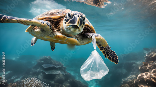 Hawaiian Green Sea Turtle (Chelonia mydas) with plastic bag in ocean.