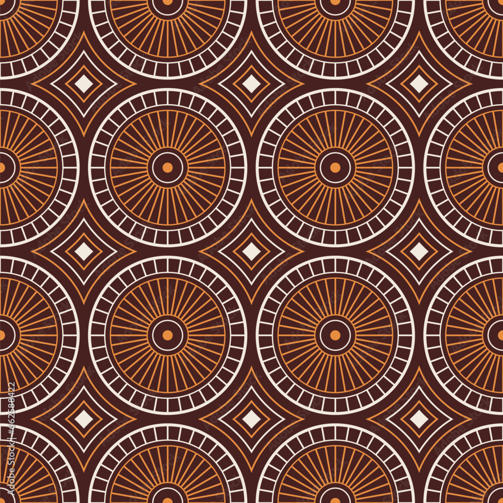 Seamless geometric vector pattern with circles, rhombuses. Vintage pattern design. White, orange, brown colors. Color vector background for textile, fabric, design. Vector illustration.