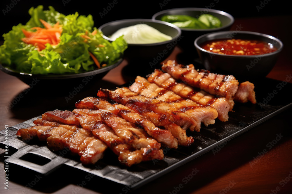 Samgyeopsal Grilled pork belly a popular Korean dishes - obrazy, fototapety, plakaty 