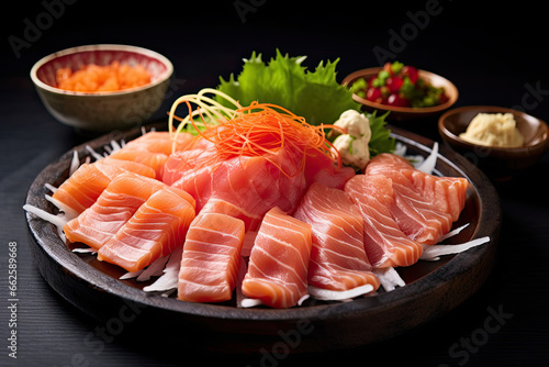 Sashimi Thin slices of raw fish or seafood