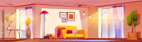 Living room interior with furniture and sun beam through large window. Cartoon vector illustration of light and sunny hall inside with pillows on sofa, lamp and side table, green plants in pots.