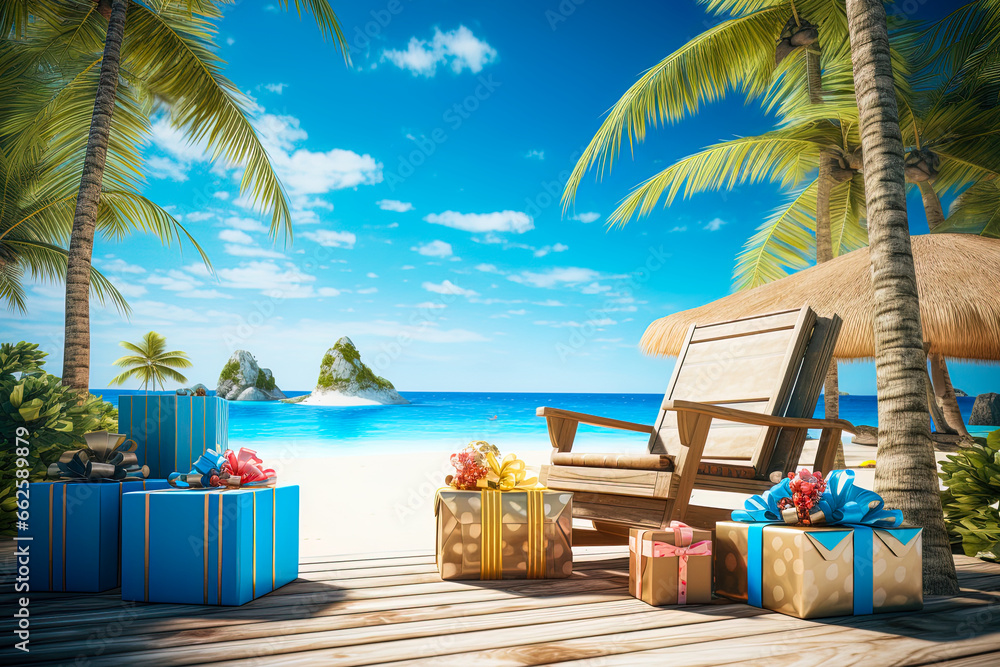 Christmas gifts on a tropical paradise beach, palm trees on background of the sea and blue sky