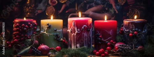 Artisanal candles decorated with holly leaves, berries and snowflakes clustered together with coordinating gift tags and ribbons. Generative Ai photo