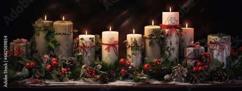 Artisanal candles decorated with holly leaves, berries and snowflakes clustered together with coordinating gift tags and ribbons. Generative Ai