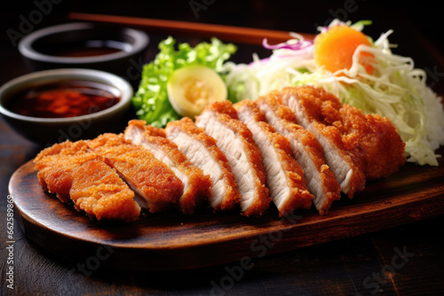 Tonkatsu breaded, deep fried pork cutlet with sauce and slices of cabbage