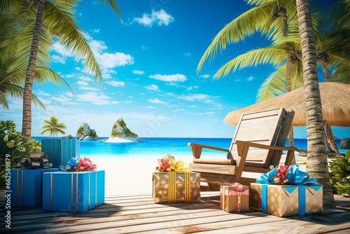 Christmas gifts on a tropical paradise beach  palm trees on background of the sea and blue sky