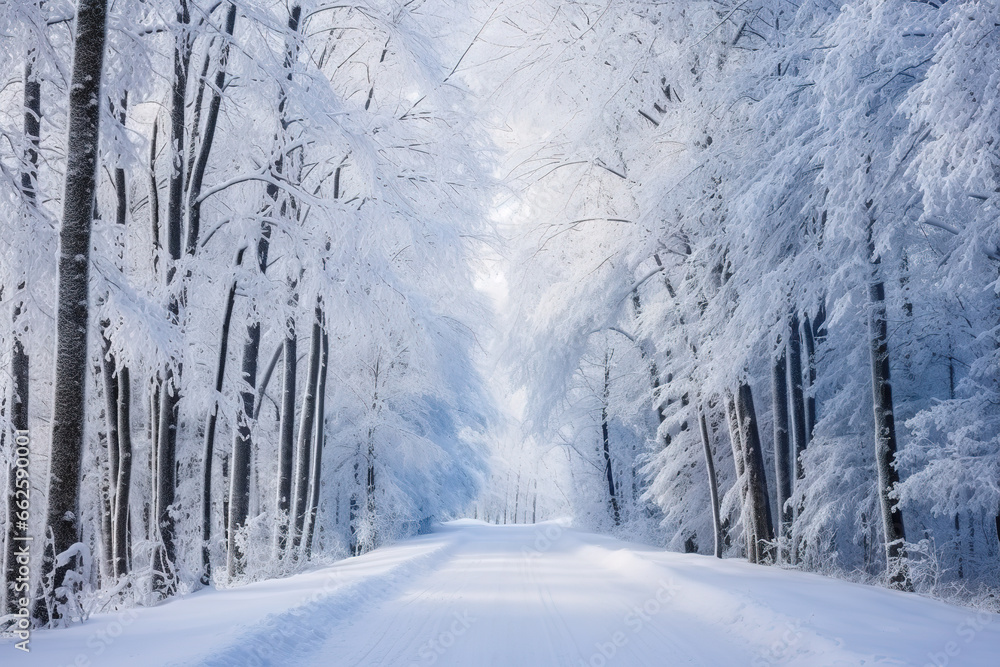 Fototapeta premium Snowy forest paradise, a world of serene beauty, winter charm