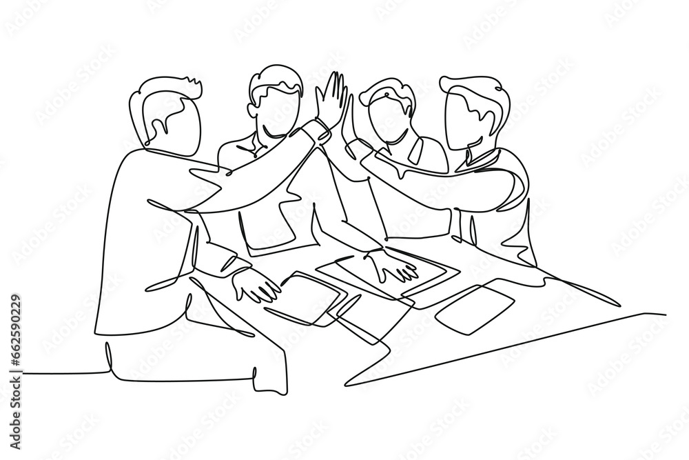 Single continuous line drawing of young businessmen and businesswomen celebrating their successive goal at the business meeting with high five gesture. One line draw graphic design vector illustration